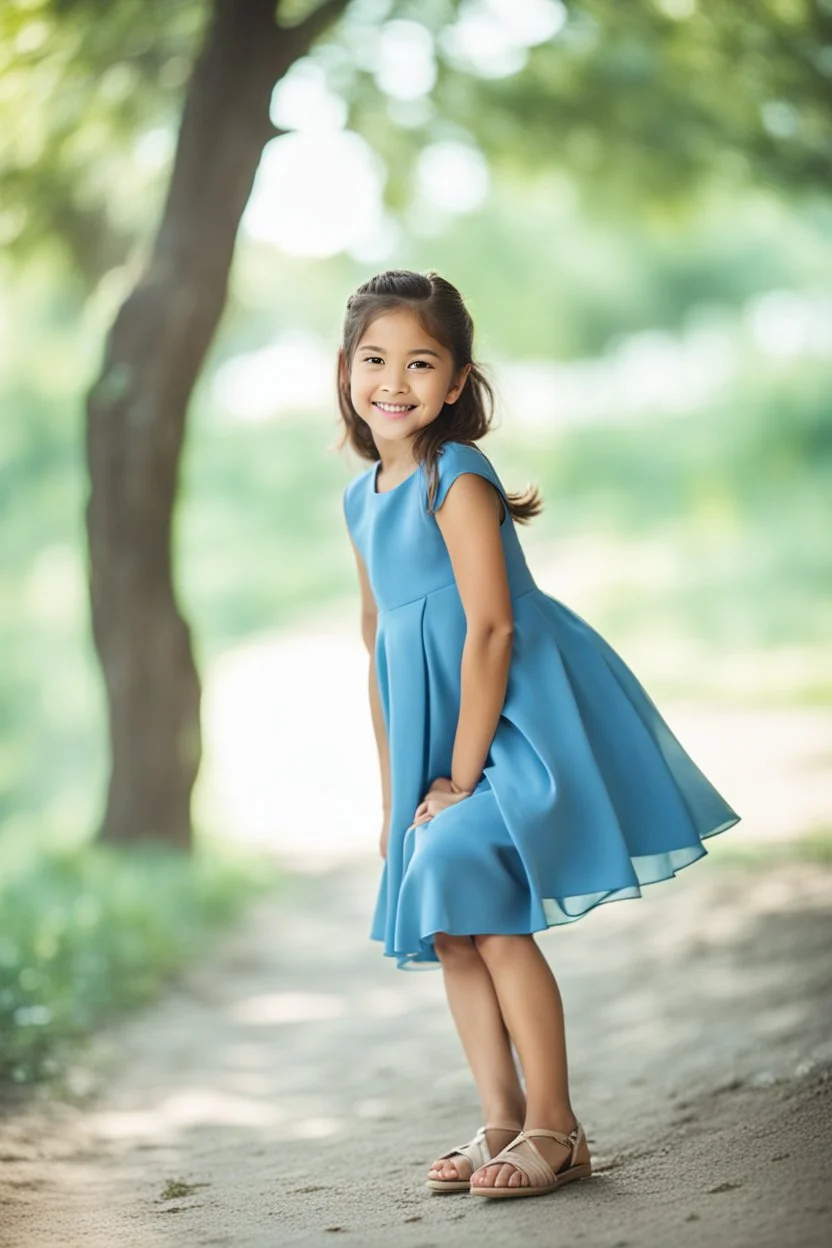 Little 8 years old girl wearing a dress, blue dress,standing pose