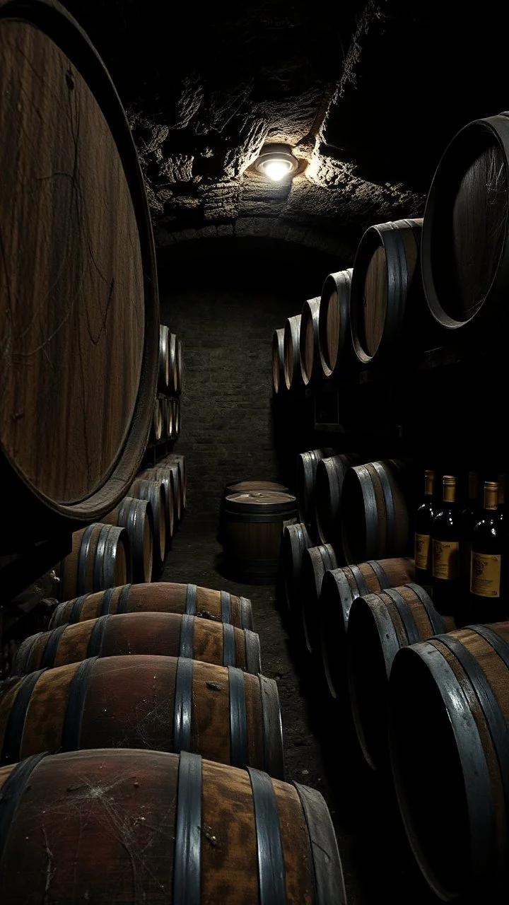 An old winery with a lot of old big wine Barrels in a dark room , a few bottles of red wines with and old labels and spider webs on old broken shelf’s in side a dark abandoned underground dark room with a little dim touch on the wall, scary, dramatic, mysterious ambiance