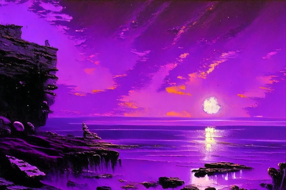 purple sky, planet in the sky, rocks, cliffs, sci-fi, friedrich eckenfelder impressionism paintings