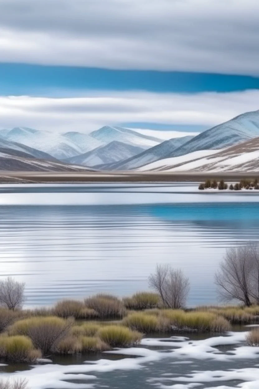 paisaje del sur argentino, con lago, día frio y nevado