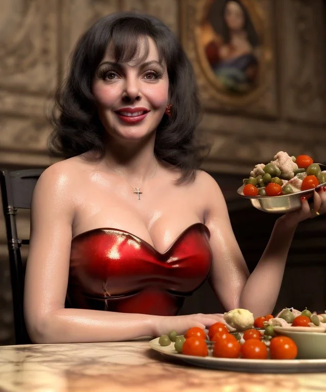 Ultra realistic photographic portrait, happy young Gina Lollobrigida woman sitting with arms resting on Italian kitchen table, big ravioli dish, tomatoes, olive oil, renaissance style decoration, soft color, highly detailed, unreal engine 5, ray tracing, RTX, lumen lighting, ultra detail, volumetric lighting, high definition.