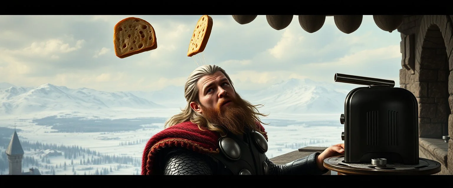 Movie poster portrait. The mighty God Thor sees the toaster on a pole, spit out one slice in his face. The bread is jumping over his head. In the style of Rembrandt and "Gods of Fallout 4". He is sitting on the balcony of his castle, with a great view over the frozen valley. He is trying to grab the bread quickly. "Fali' ja."