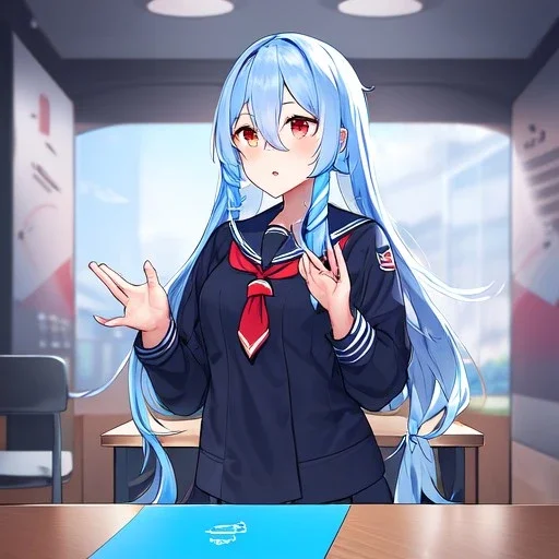 Clear focus, High resolution, long fluffy light blue hair, hair between eyes, long locks, wearing a sailor uniform, wearing a sailor skirt, long black socks, 1girl, cartoon, cute, UNFOTABLE studio, red tie