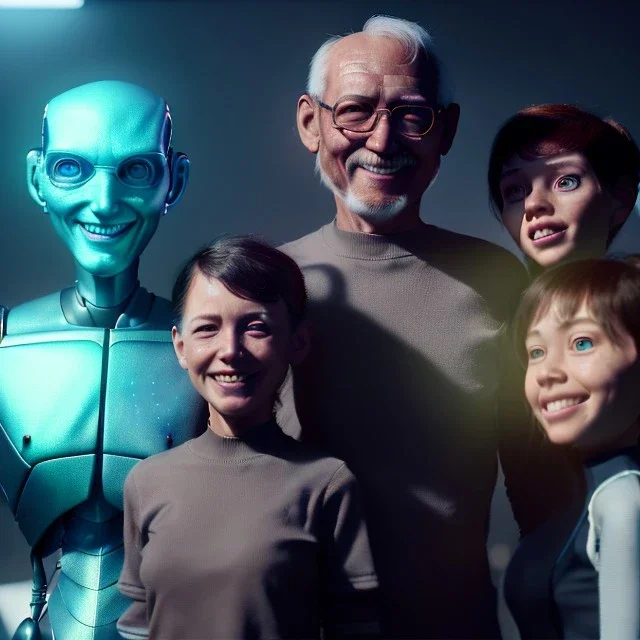 Ultra Realistic home family portrait. father. mother. daughter. alien pet. assistant robot. retro futuristic style. smile, happy. highly detailed, concept art, unreal engine 5, ray tracing, RTX, lumen lighting, ultra detail, volumetric lighting, 3d, finely drawn, high definition, high resolution.