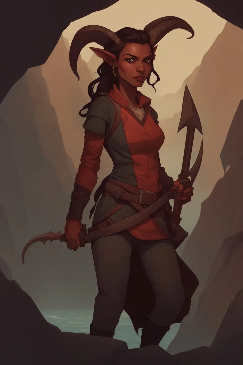 A DnD character. A female horned Tiefling ranger with pointy ears standing in a cave. The Tiefling has a little pterosaurs on her shoulder and a rapier in her hand.