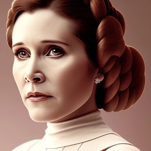 extremely detailed 8k hyperspace wallpaper,complete and photo realistic detailed head to waist stunning photo realistic portrait of carrie fisher as Princess Leia in star wars with photo realistic minimal and unpretentiously updo hair, brown eyes, professional majestic photo realistic painting by Ed Blinkey, Atey Ghailan, by Jeremy Mann, Greg Manchess, Antonio Moro, trending on ArtStation, Intricate, High Detail, Sharp focus, dramatic, by greg rutkowski, realism, beautiful and detailed lighting,