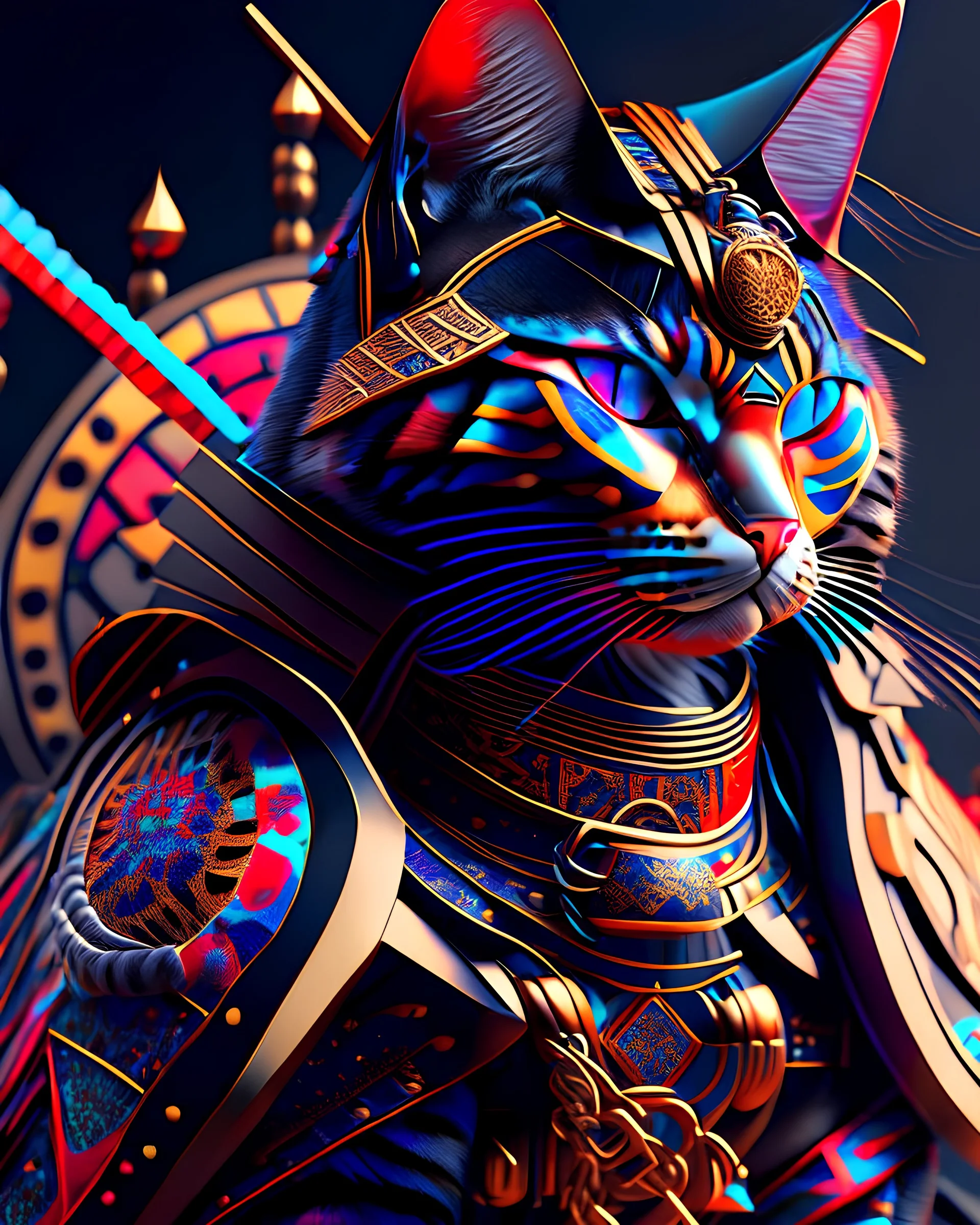 Gato Samurai cuerpo completo arte geométrico hiperdetallado maximalismo colores contrastantes cinematográfico 8k