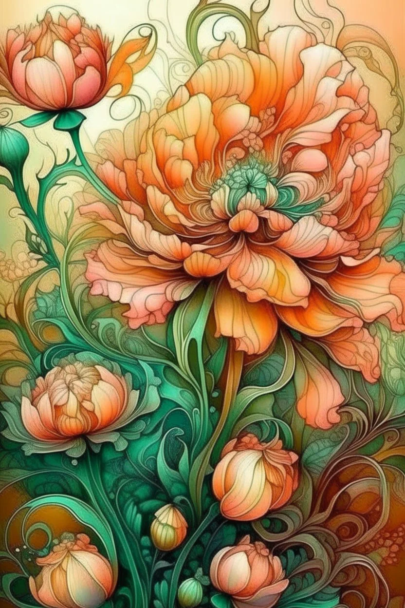 terracotta. dark botanical. juicy watercolor. perfect buds of fluffy furry mystical translucent flowers. on a long thin stem. large dew and sequins. filigree. the smoke fractal. sunny meadow. hyperrealism. hyperdetalization. outline the outline with a black pencil. graceful curves. volume. delicate pastel colors: pink, aquamarine, yellow, green, peach