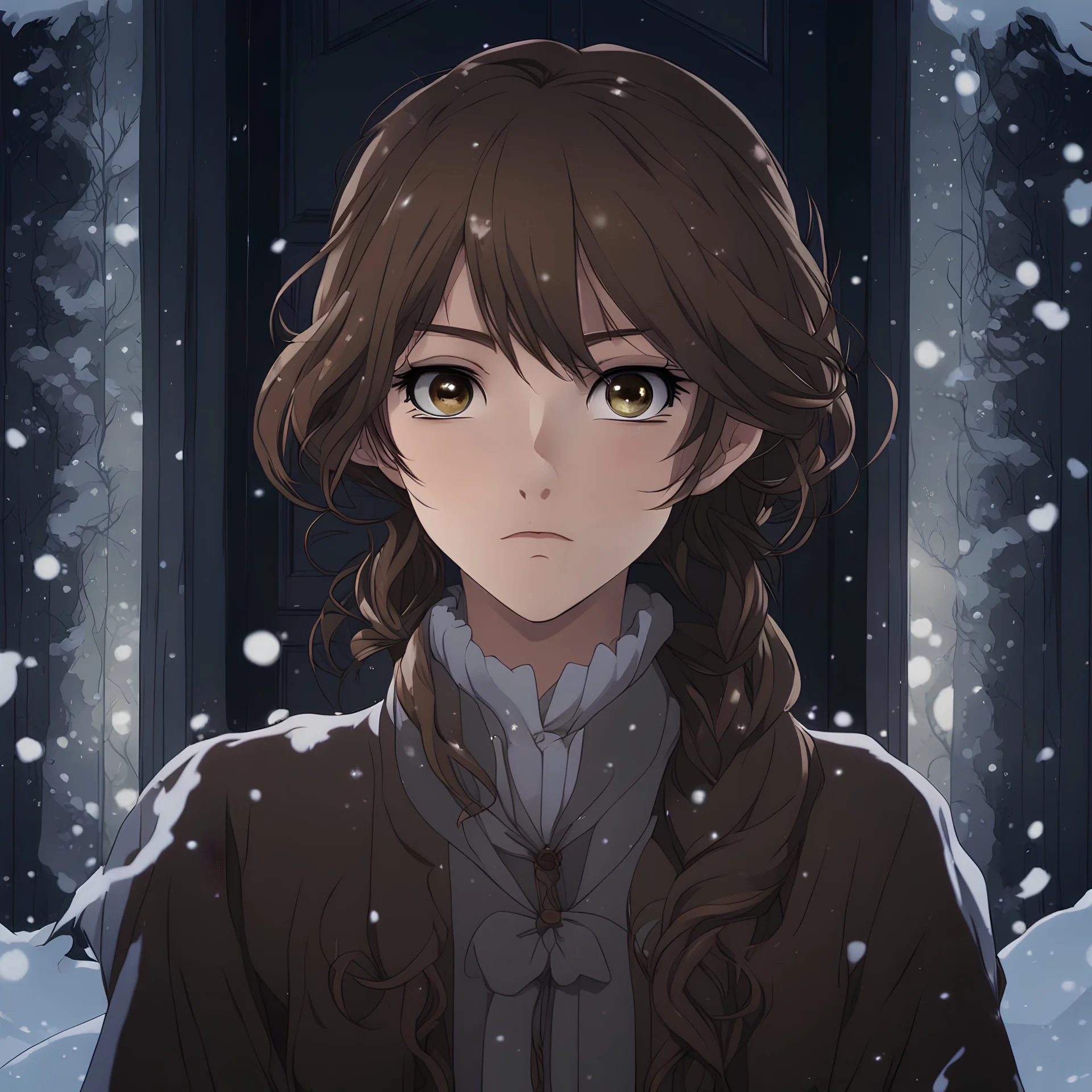 dessin anime adulte une jolie jeune femme aux cheveux bruns est dessinée, son visage dépeignant à la fois la curiosité et la crainte. Ses yeux sombres reflètent la lumière sinistre qui émane du manoir, tandis que des tourbillons de neige tourbillonnent autour d'elle, soulignant l'isolement et la désolation de l'environnement. À travers la porte entrouverte du manoir, une lumière mystérieuse se répand, invitant la jeune femme à entrer dans l'inconnu. L'atmosphère glaciale et oppressante