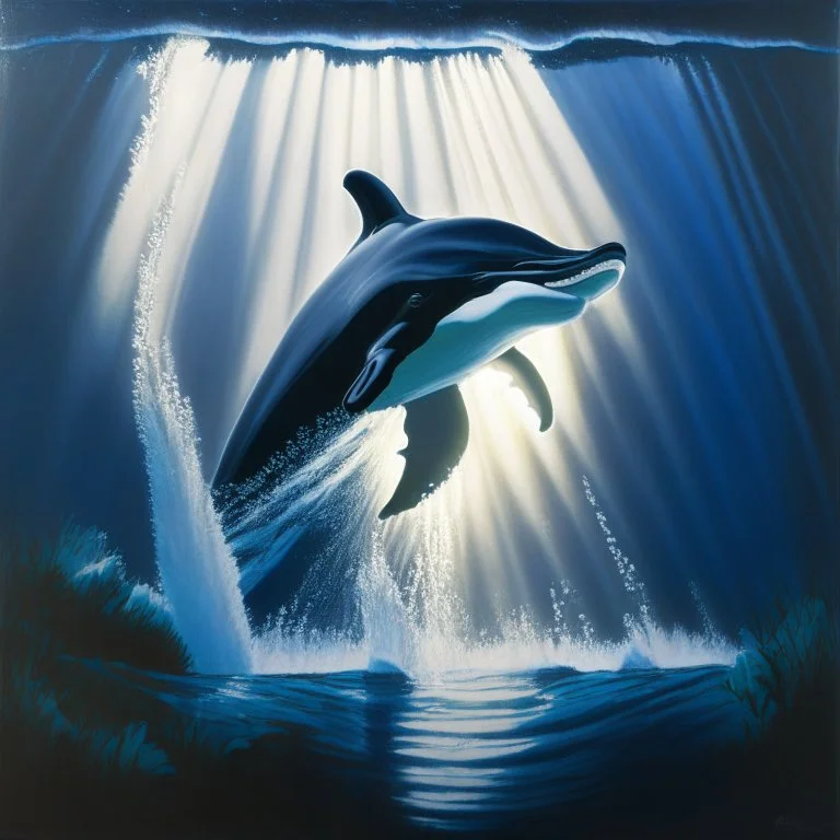 A dramatic, chiaroscuro-style acrylic painting of a powerful orca hunting its prey in the depths of the ocean, with stark contrasts between light and shadow to emphasize the intensity and raw beauty of the scene