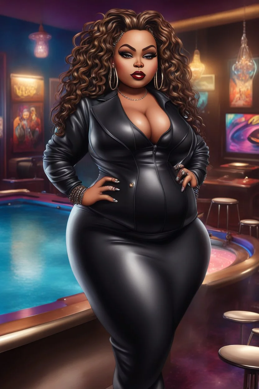 Create a digital airbrush bratz cartoon of a black plus size female wearing a black leather suit with black heels. Prominent make up with brown eyes. Highly detail black shiny locs that flow down her back. Extra-long diamond hoop earrings and jewelry. Background of a night club with a pool table behind her