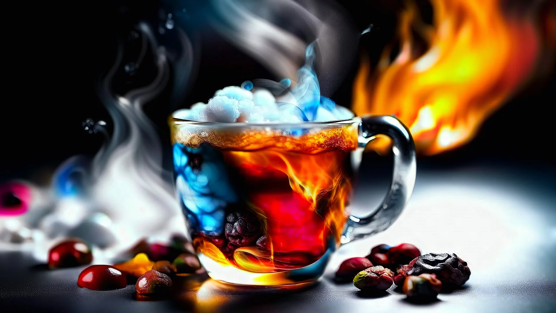 A cup of coffee with coffee beans around the image combined with light, water, ice and fire