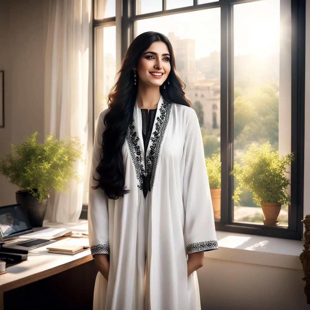 Hyper Realistic Photographic View Of A Gorgeous Pashto Young Woman (Wearing Long White Coat With Black Dress With Black Embroidery & Wearing Plain White Dupatta On Her Neck) Alone Happily Standing & Smiling In Her Office Room With Her Beautiful Long Black Hair With Sun Rays Coming From A Fancy Window At Her Back, With A Little Garden View From Outside WIndow Showing Dramatic & Cinematic Ambiance.