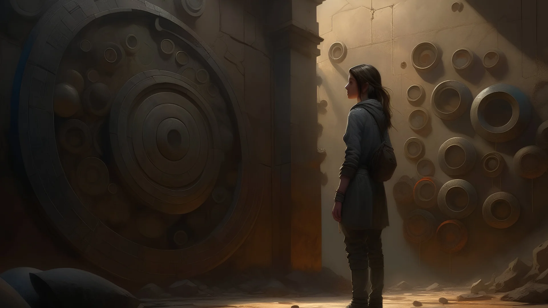 Woman in front of a wall with several circular holes of different sizes, concept art by Noah Bradley, Darek Zabrocki, Tyler edlin, Jordan Grimmer, Neil Blevins, James Paick, Natasha Tan, highly detailed, ultra detailed, ultra realistic, trending on artstation