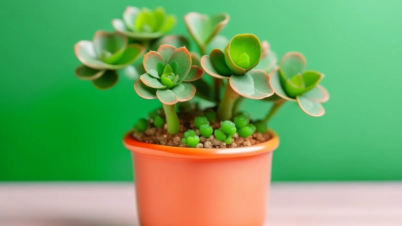 cute mini Kalanchoe plant in a pot, pastel background, depth of field f2.8 3.5, 50mm lens