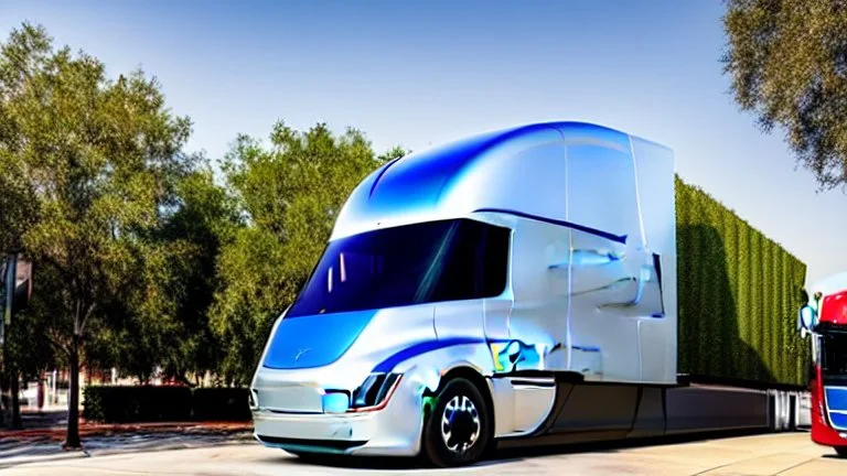 A Tesla semi-truck is parked, within the 'Universal Studios Orlando', in Florida. CINEMATIC. WIDE ANGLE LENS.
