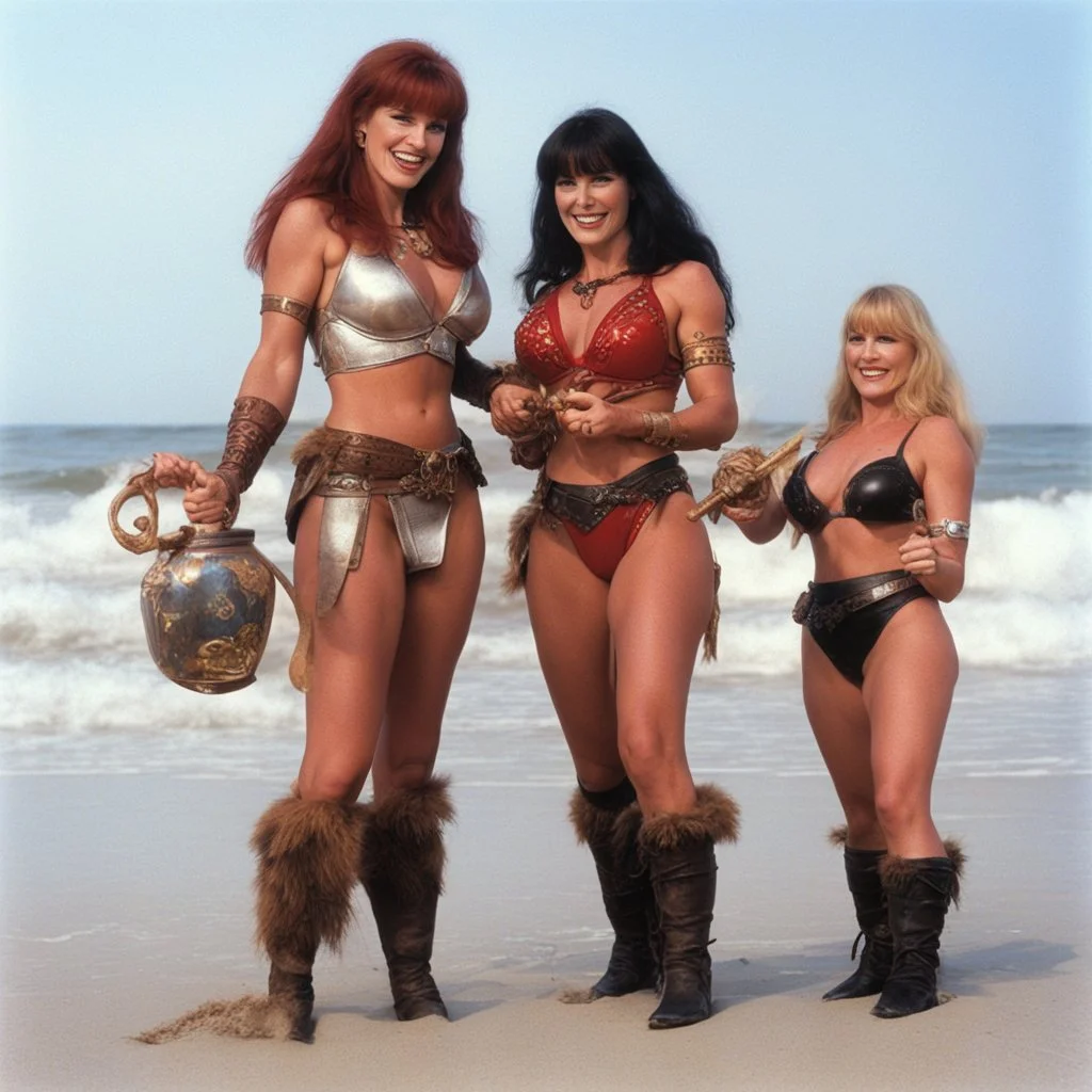 two happy women: Red Sonja and Xena presenting womanizer toys on the beach (1980)