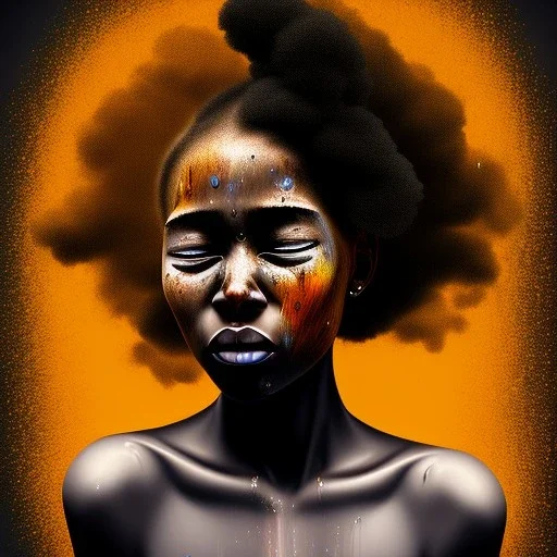 Portrait of a young black woman crying. Tears the colour of oil. Depression seeping out of her eyes nose and mouth like a oil spill