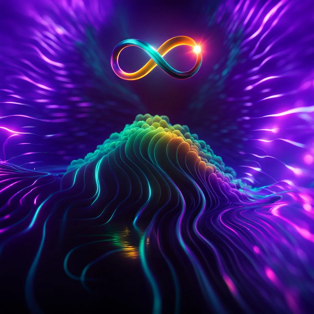 infinity symbol ∞ with vibrant single plankton in water, striking, neon, chiaroscuro, dramatic, captivating, powerful, fantasy, beautiful, octane render, 16k post-production, artstation: award-winning: atmospheric: commanding: fantastical: clarity: ultra quality: striking: brilliance: stunning colors: amazing depth; lens: f/11, 35mm