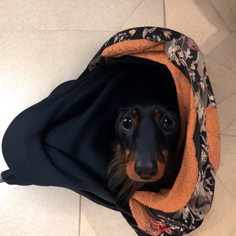 Make a disney style picture for my puppy with a blanket on her head. realistic disney setting, black and tan dachshund