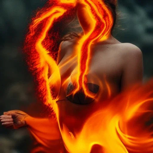 woman made of fire, full face, fire angel, hair made of fire, hair covering breasts, fire all around, only wearing bikini made of fire, extremely detailed, photo style, style of photo, lava background