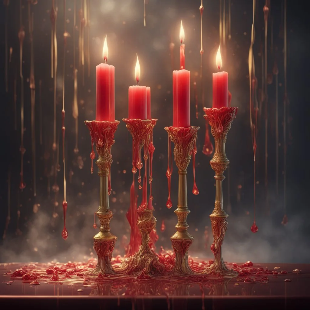 Red candles on a gold candlestick, dripping wax. Illustrative art, art interpretation, concept art, cgsociety contest winner, seasonal art, seasonal art HD, 4k, 8k, intricate, detailed, intricately detailed, luminous, translucent fantasy crystal, holographic data, soft body, shadow play, light, fog, atmospheric, cinematic, light film, hyper-detailed, hyper-realistic, masterpiece, atmospheric, high resolution, 8k, HDR, 500px, mysterious and artistic digital art, phototic, intricate, f