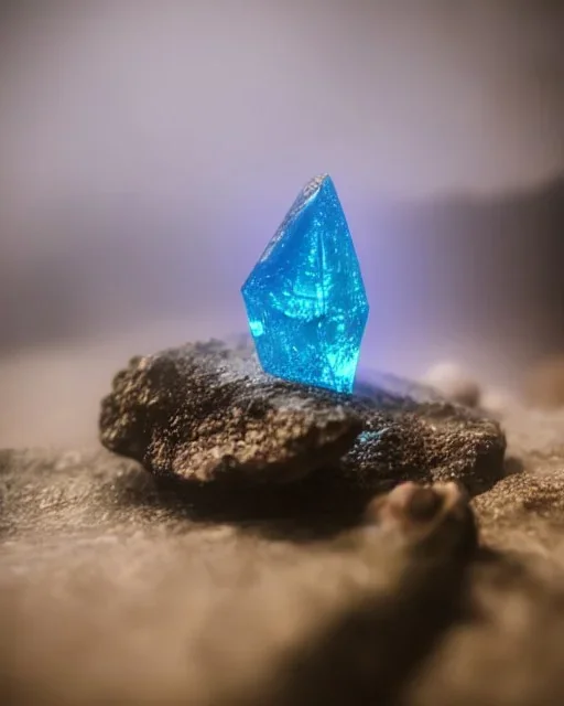 single blue crystal, on an altar in a foggy cave, cinematic,