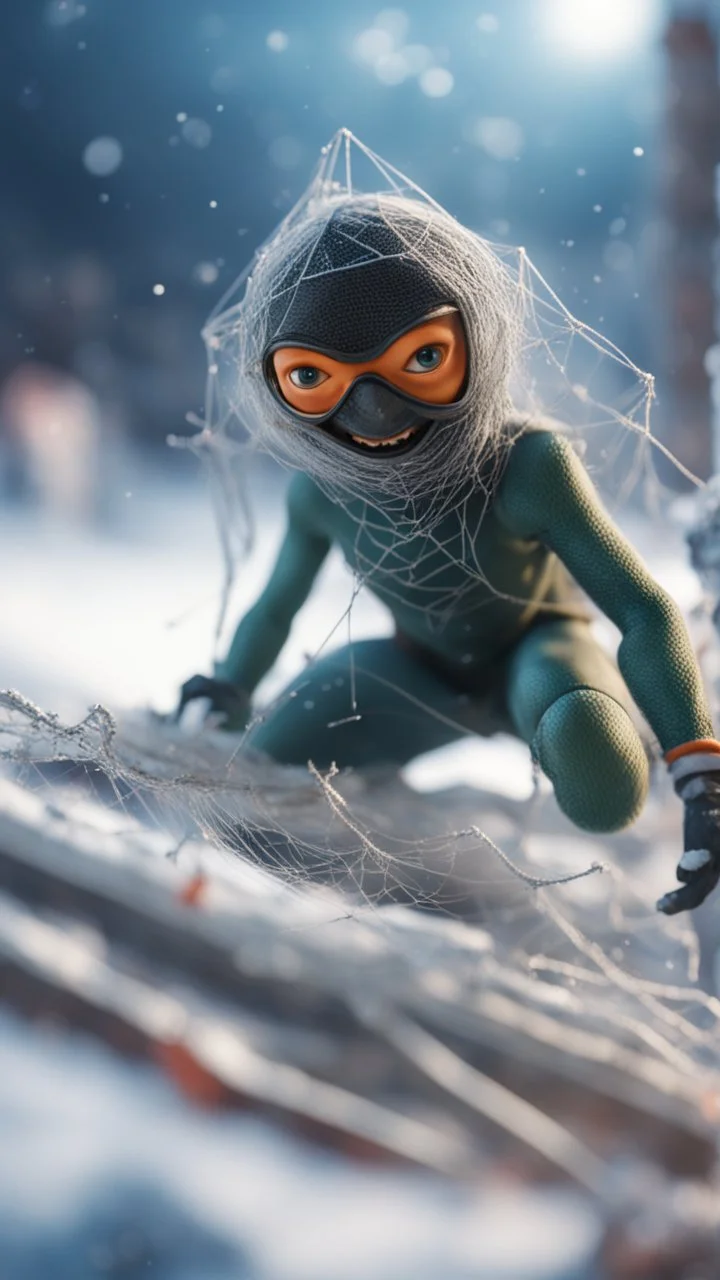 ninja spider god gremlin alien pimp caught frozen in net in ski jump arena, bokeh like f/0.8, tilt-shift lens 8k, high detail, smooth render, down-light, unreal engine, prize winning