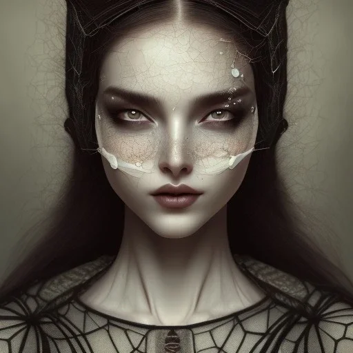 woman sleeping on pillow with spiderwebs on face and mascara running down cheeks, gothic, 8k, high-quality, fine-detail, intricate, sharp, crisp, digital art, detailed matte, illustration, octane render, brian froud, howard lyon, Anne Dittman, Anne Stokes, Lisa Parker, Selina French