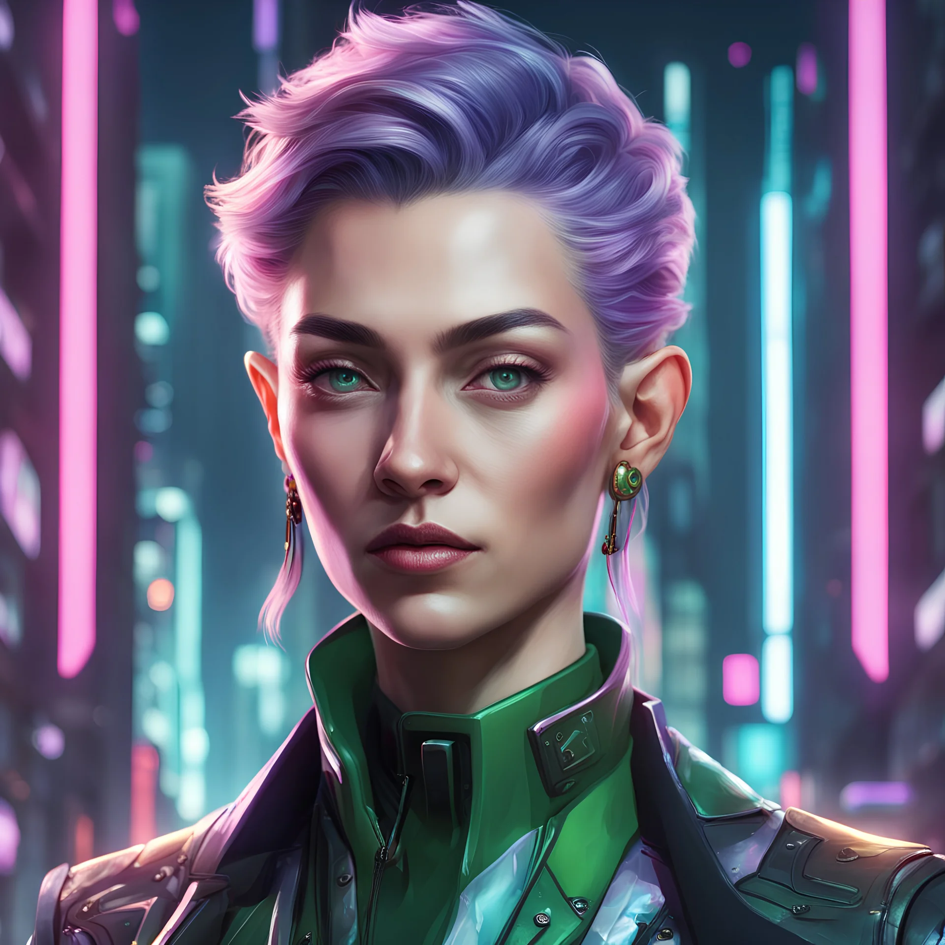 Generate a portrait of a non-binary megacorp CEO: elf-like and exuding power and beauty in a cyberpunk world.