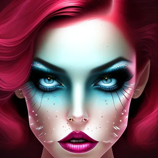 diamond blue eyes, and dark pink hair, teardrop shaped eyebrows, woman, angry expression, pointy ears