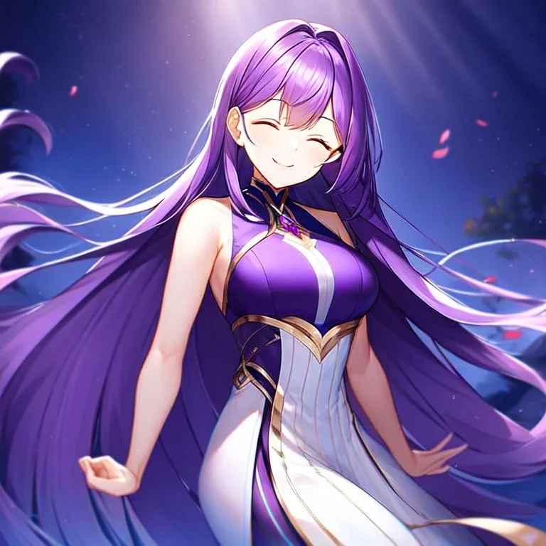 girl, masterpiece, best quality, volumetric lighting, detailed outfit, perfect eyes, long hair, purple hair, closed eyes, smiling