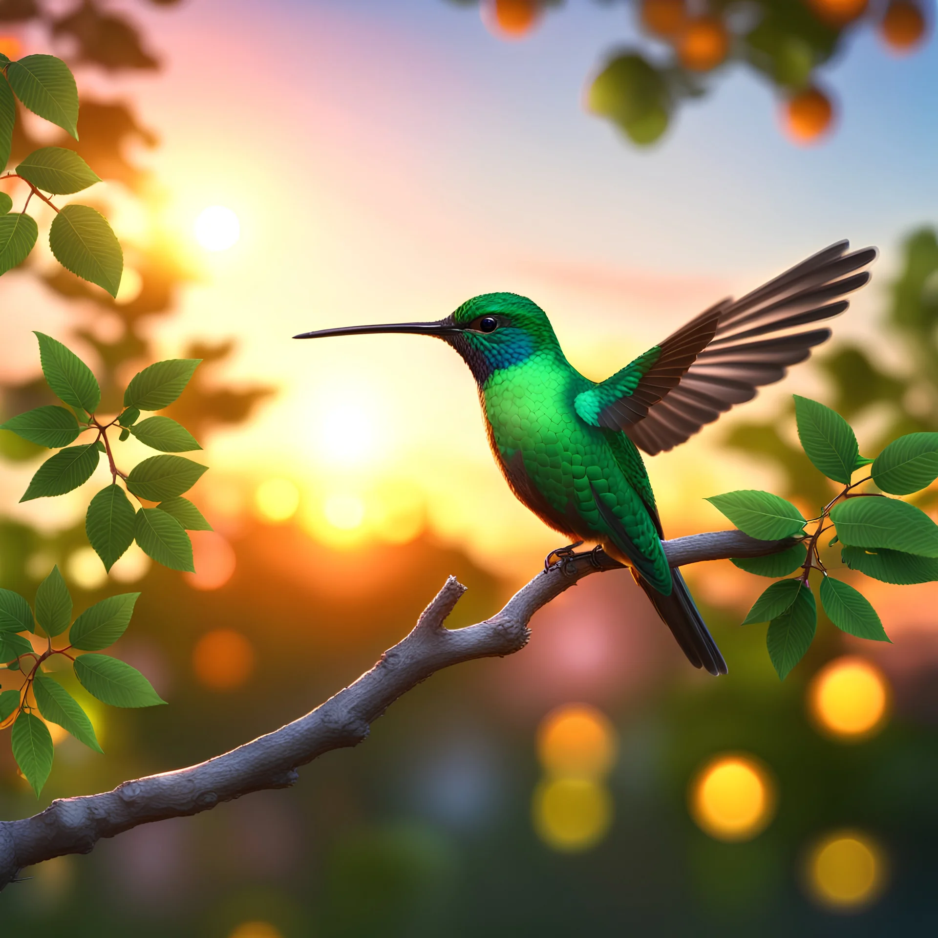 Highly detailed octane render photorealistic picture of a hummingbird on a branch Bokeh tree leaves and sunset background