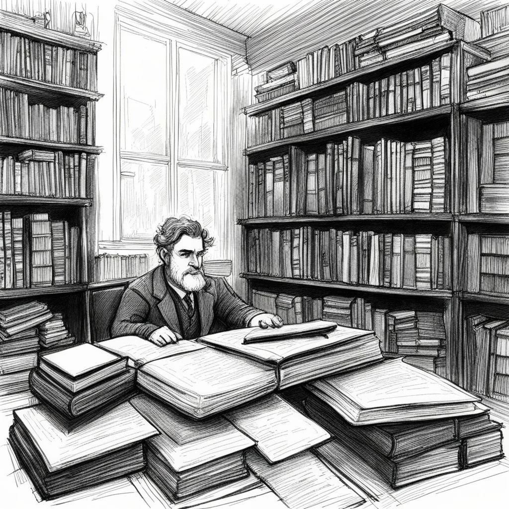 [a chaotic pen sketch with a lot of strokes in stippling] a man in a library surrounded by books and papers