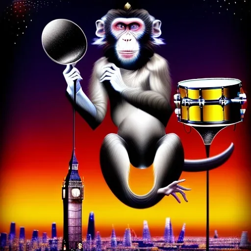 A monkey playing the drums, london skyline at night, in the style of Salvador Dali