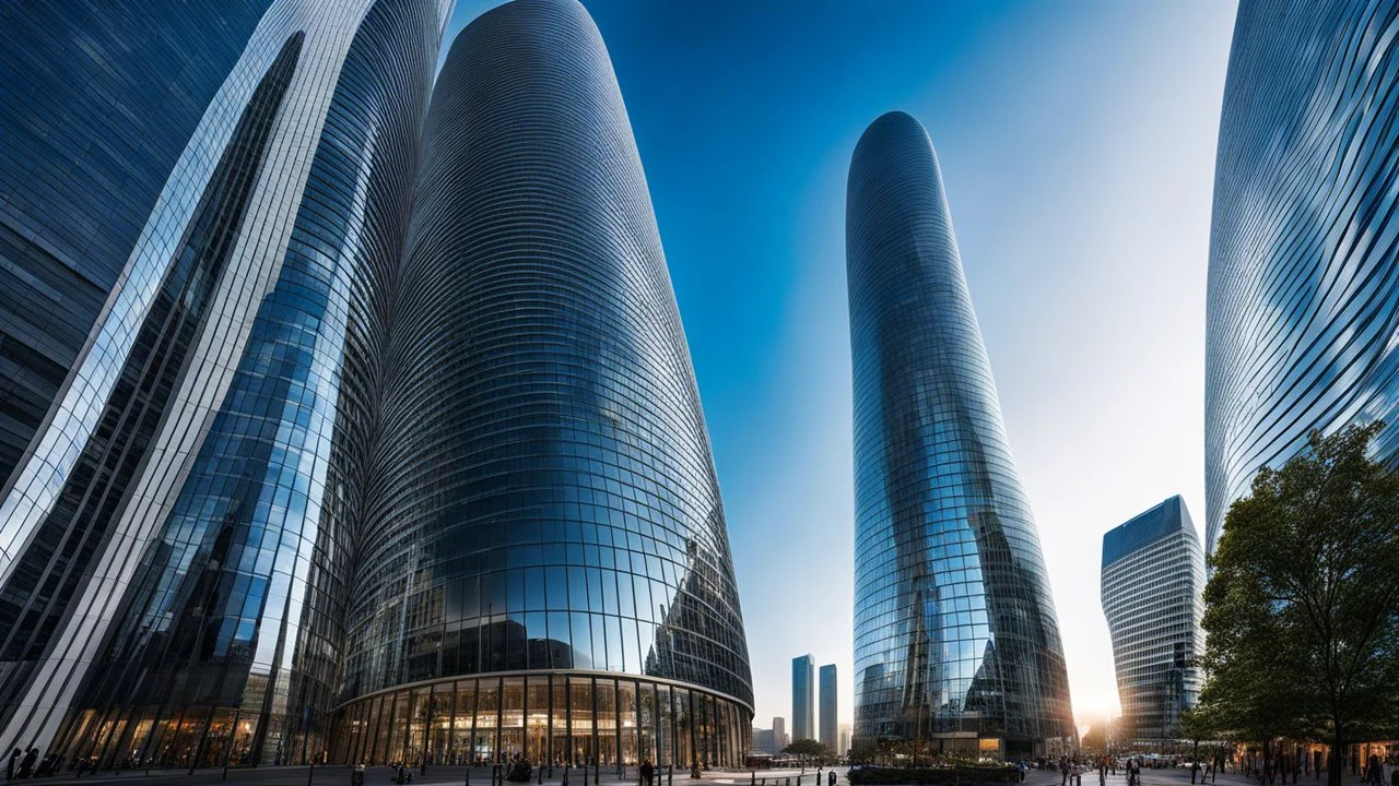 A sleek, cylindrical skyscraper featuring large, elliptical windows that curve along the building's surface. The reflective glass creates the illusion of movement as the windows stretch and warp around the tower, creating a dynamic, organic form. The building's smooth, uninterrupted curve contrasts with the angular city skyline. Award-winning photograph.