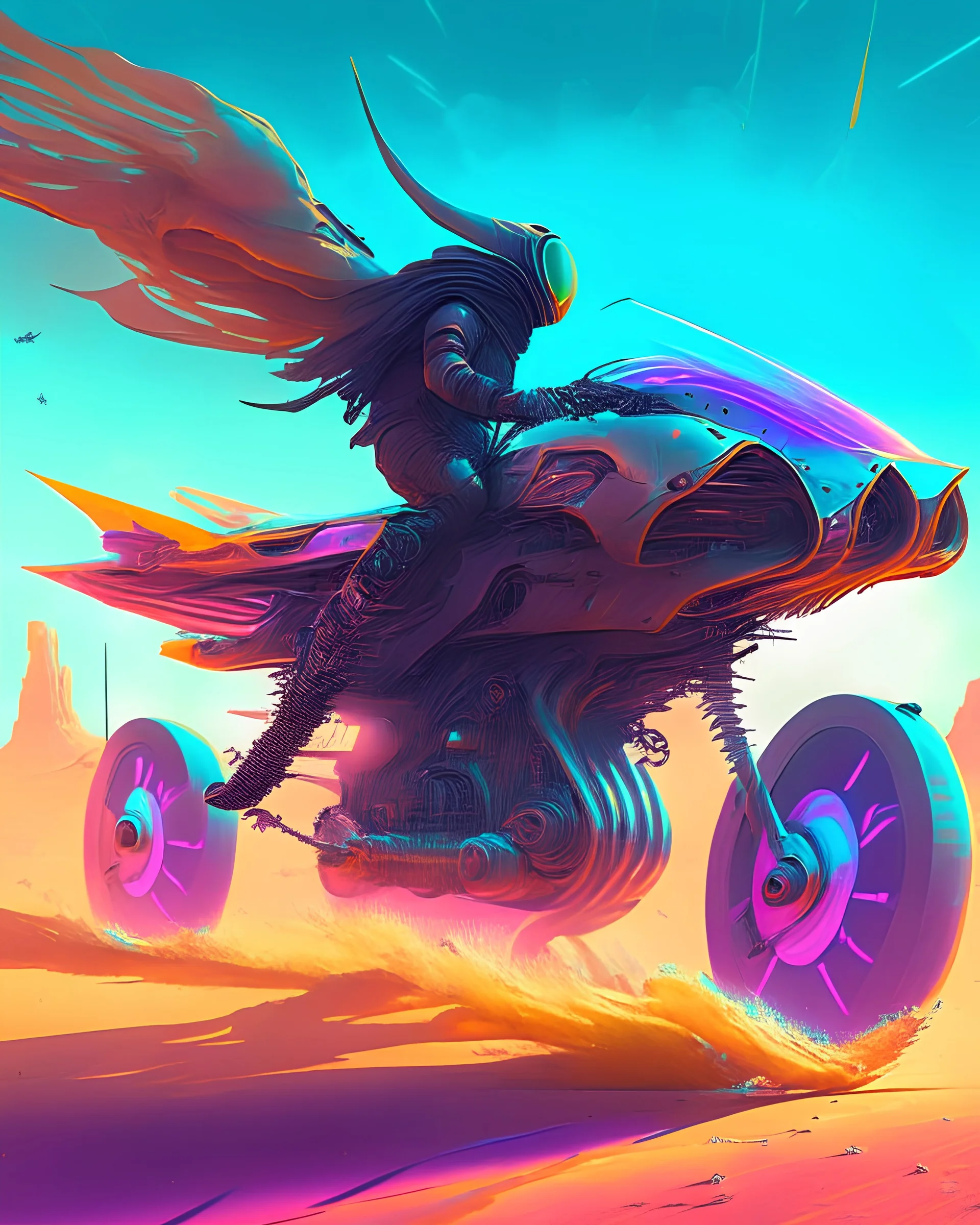 cyberpunk hoover bike flying through the desert Symmetry product render poster vivid colors classical proportion car, glowing fog intricate, elegant, highly detailed, digital painting, art station, concept art, smooth, sharp focus, illustration Art by royocano