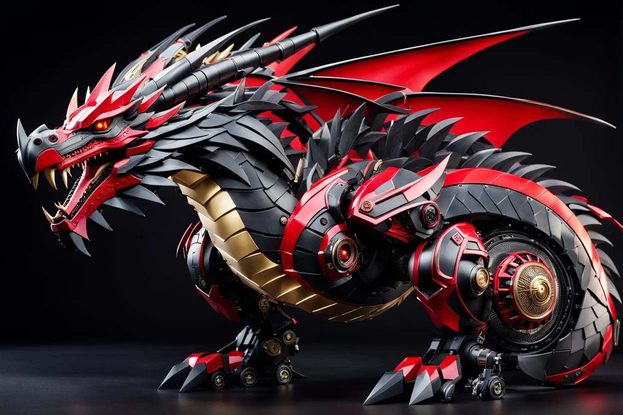 big dragon robot with black and red color schemes, in the style of fairy academia, hard-edge style, agfa vista, dynamic pose, oshare kei, hurufiyya, rtx, close picture, intricate details, highly detailed, high details, detailed portrait, masterpiece,ultra detailed, ultra quality