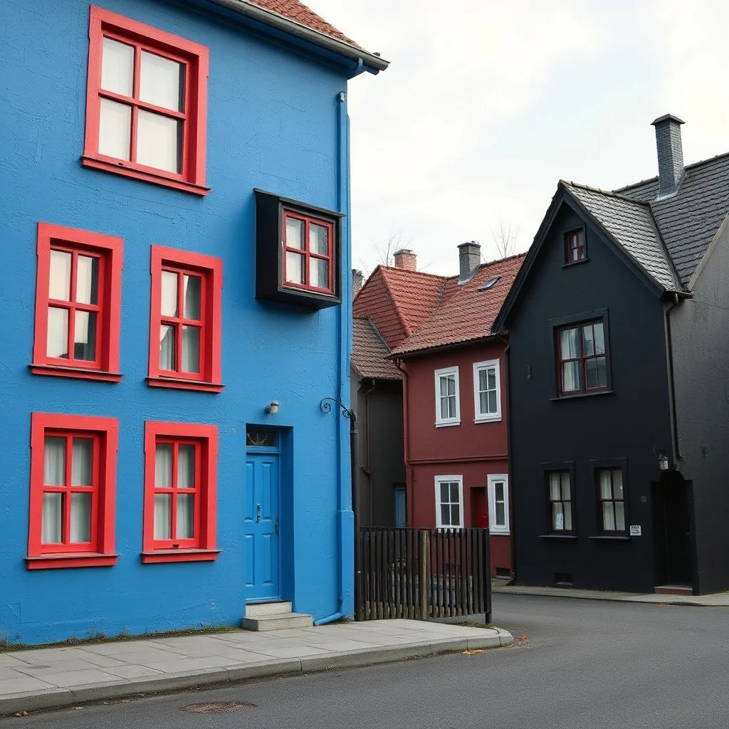 Fotografia di strada falsa a Magog blu weirdcore dai colori vivaci. Non luogo falso, inusuale. Max Ernst. Le case sono false e dipinte di nero chiaro con cose stilizzate e dettagli. Ci sono finestrelle false quadrate, che danno un senso distopico e molto surreale, disposte in modo casuale. L'atmosfera generale sembra noiosa e onirica, con un contrasto tra elementi reali ed elementi dipinti falsi