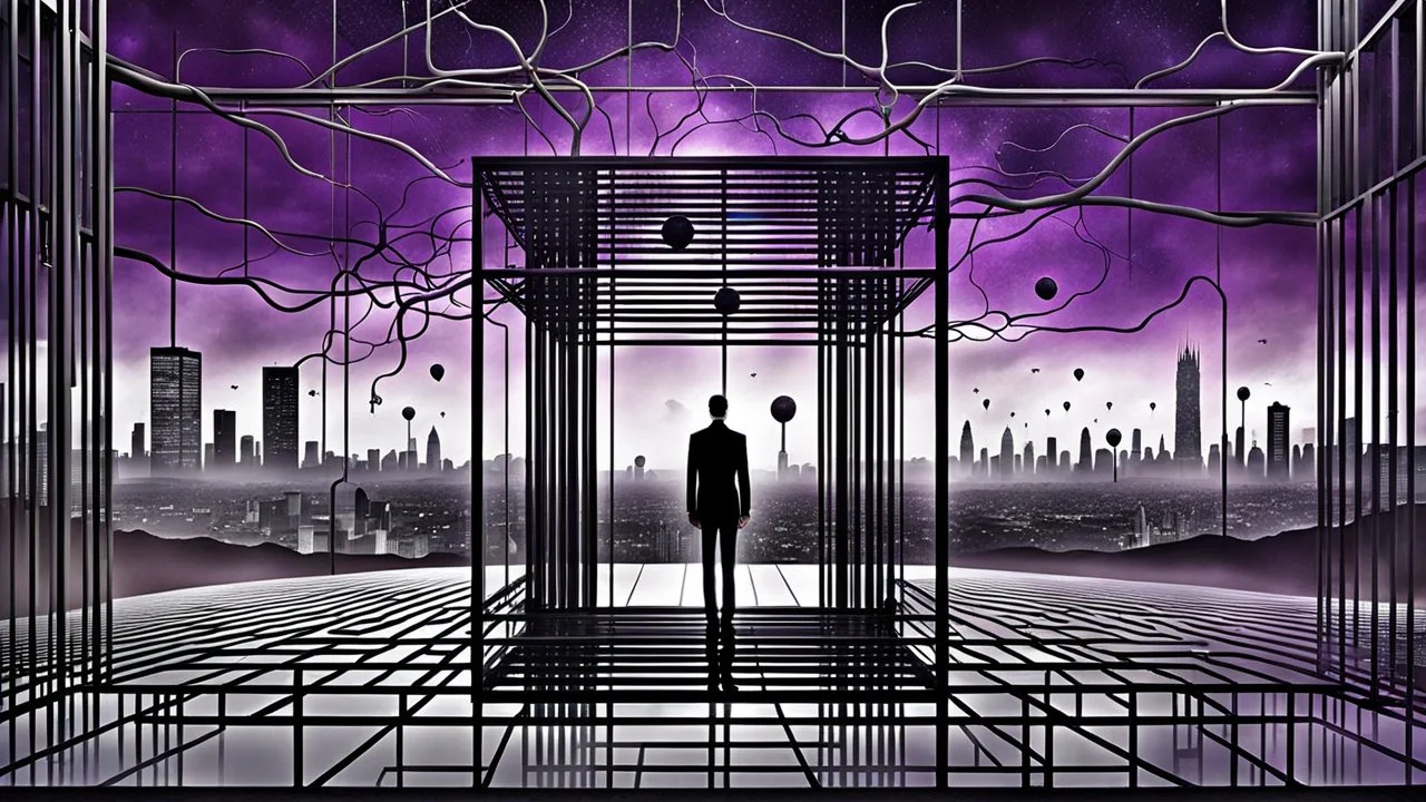 inner stands a human figure alone in an cube like cage with dense bars , in outside around in the distance big landscape with big city and many fade human figures in the city, dark purple, gray, black, white, brown. Whimsical style and surreal vibe, lonely with neuron network background, surreal stunning vibe