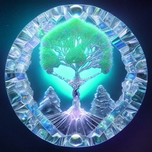  hedjuk,Tree of Life, crystal city crystalline in the sky, renderin, room, cosmic, opalescent, 100mm, opalescent, gemstones, crystals, object, other worldly,water, cristal rock ,bright, ice backg