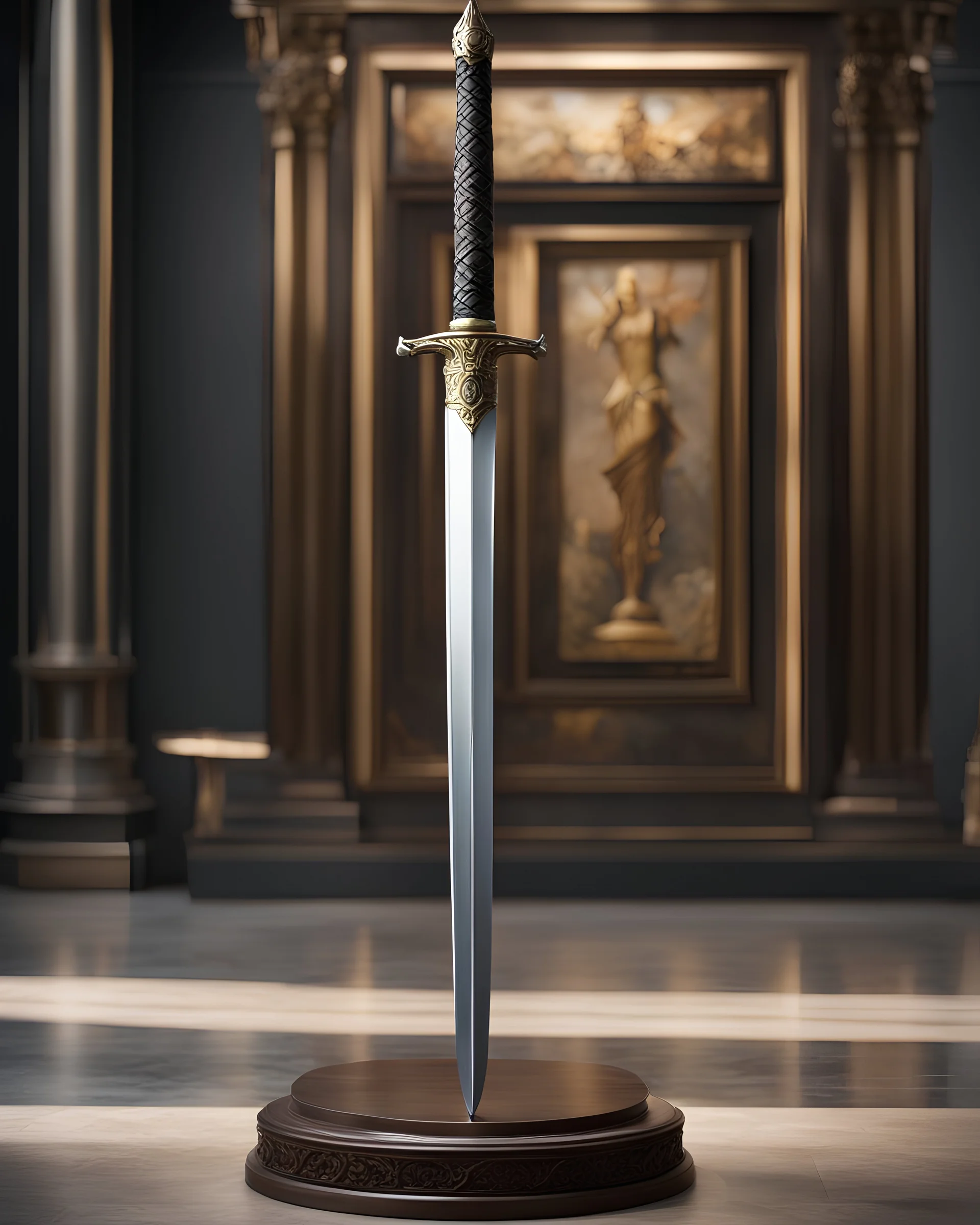 picture of a long xiphos sword on a display-stand in a museum. hyperrealism 4K ultra HD unreal engine 5 photorealism.