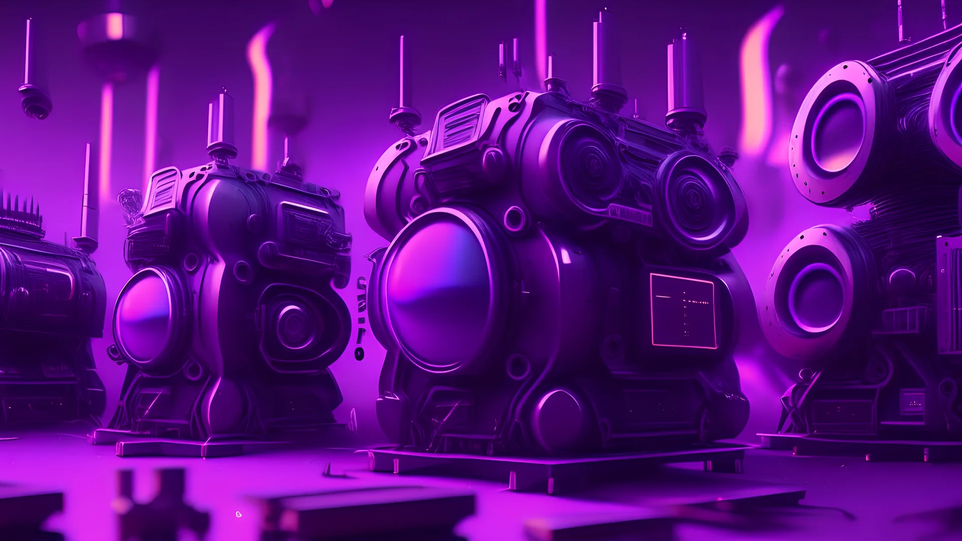 five giant magic generator machines side by side with lots of gadgets, purple tones, dreamy, psychedelic, 4k, sharp focus, volumetrics, trippy background