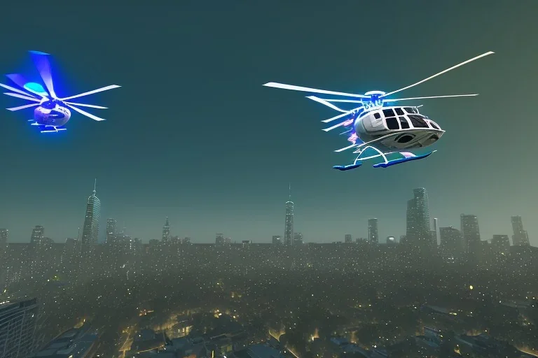 police helicopter flying over city buildings searching for suspect, oakland, downtown, helicoper has white spotlight flashing to the ground, night time , unity, scriptable render pipeline , green emission, cinematic lighting.