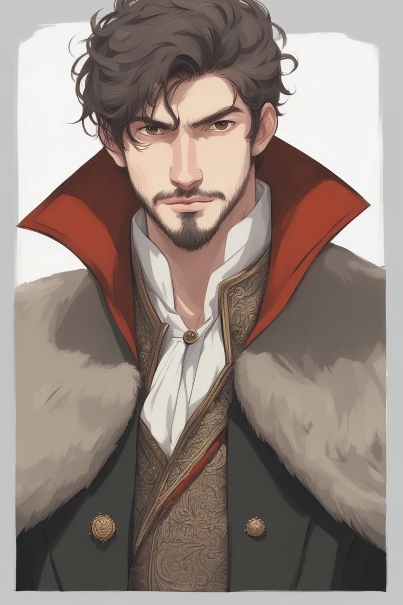 man, age 20, medieval, fighter, russian, croocked nose, czar, rich, simple clothes, short messy hair, thick beard, oligarch, leather coat with fur, brocade clothes, pencil drawing, black or red hair