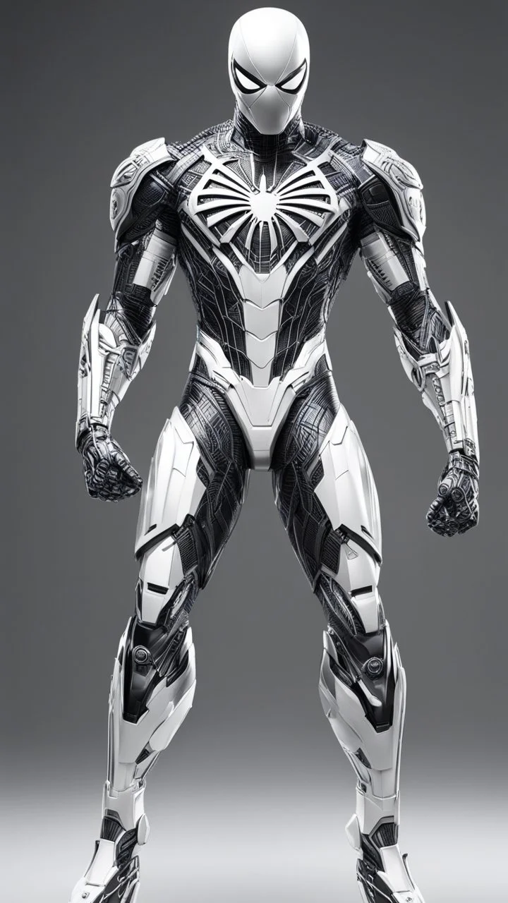 Arte lineal Spiderman cyborg de pie, full body calidad ultra, hiperdetallado, maximalista, color blanco, increíble obra de arte piernas completas pies completos