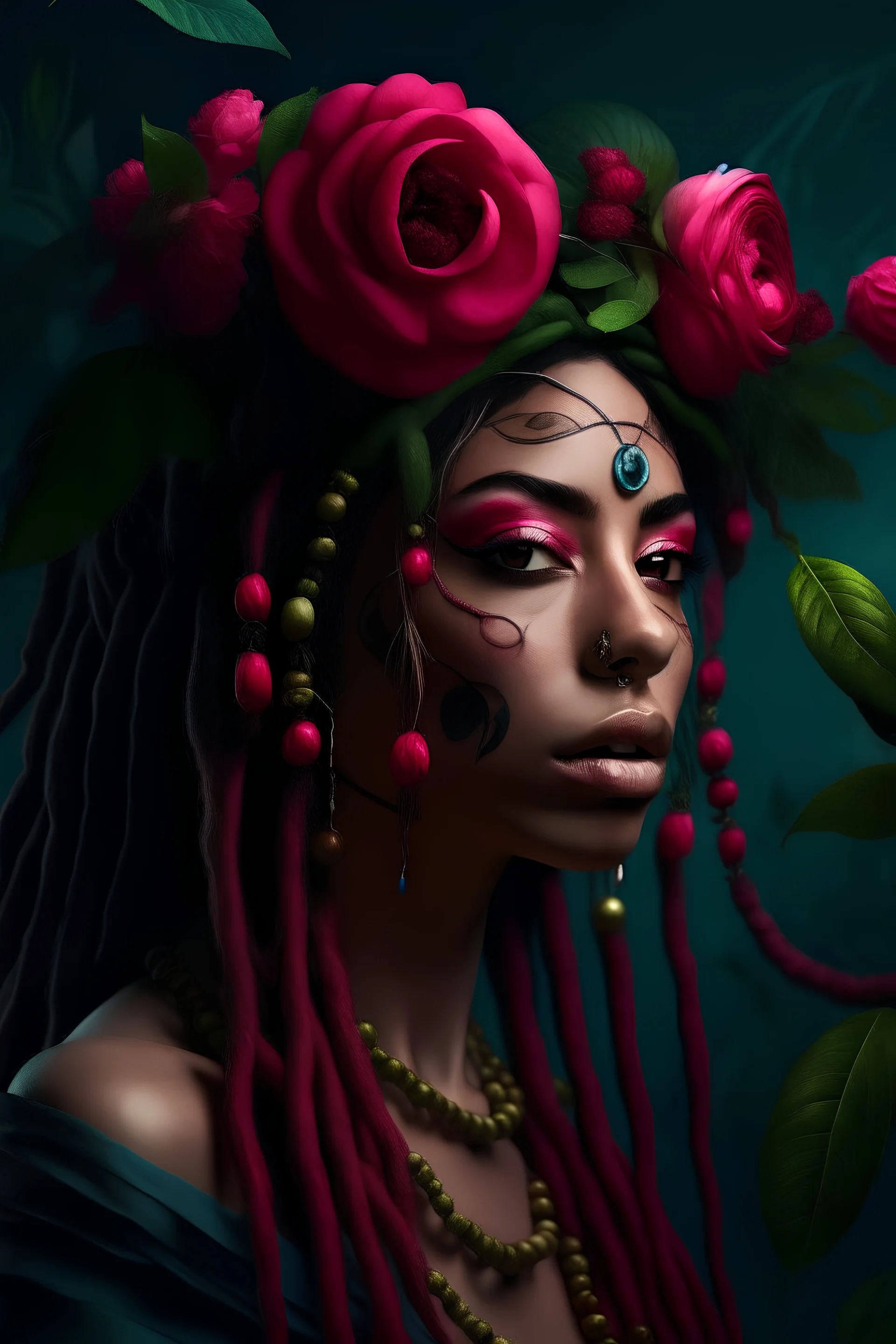 young woman with dreadlocks dark moody art with spring feel and color, pomegranate tree in background pink roses with flower headdress, hyper realistic maximalist concept art