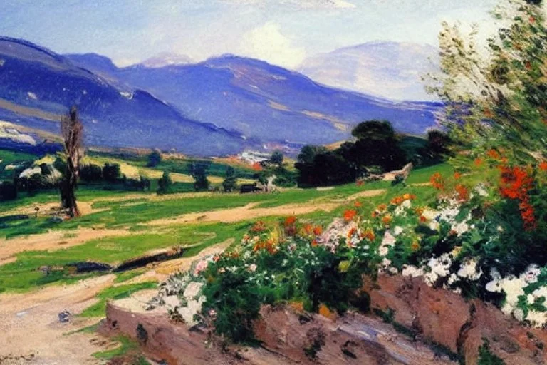 Mountains, sunny day, cloids, stone wall, flowers, pathways, grass, vegetations, distant trees, lesser ury and philip wilson steer impressionism painting