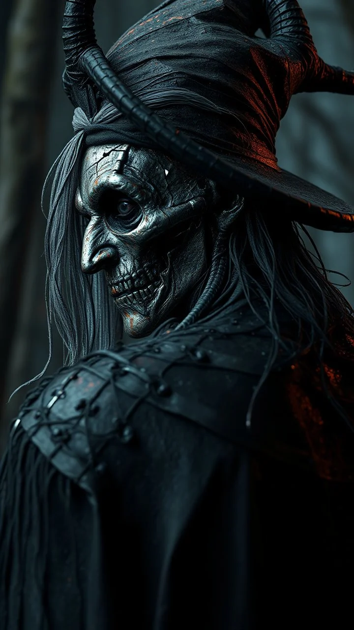 Busch painting style nightmare, a zoomed rear view of a witch by his face skin is a rusted broken metallic skin texture in a 3d rendering full-height image of a grim and dark scene. Ensure the final images exhibit the utmost quality, encompassing 4K, 8K, and 64K resolutions, with 3D rendering that manifests in photorealistic, hyperrealistic, and highly detailed representations. Employ techniques such as HDR, UHD,