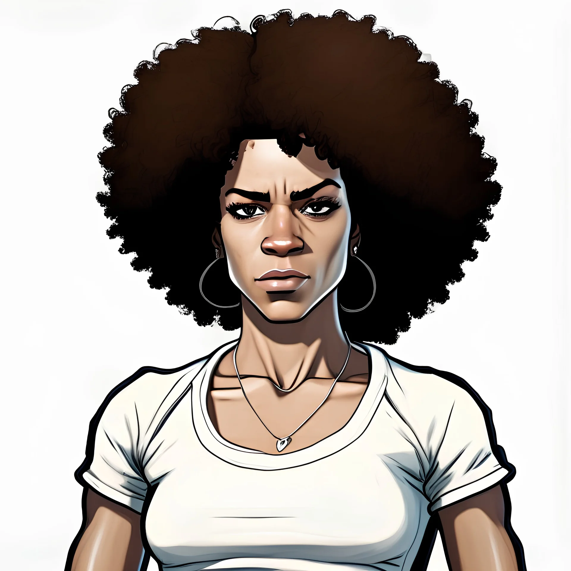 create me a brunette character with afro hair and a white t-shirt gta 5 style illustration looking straight ahead